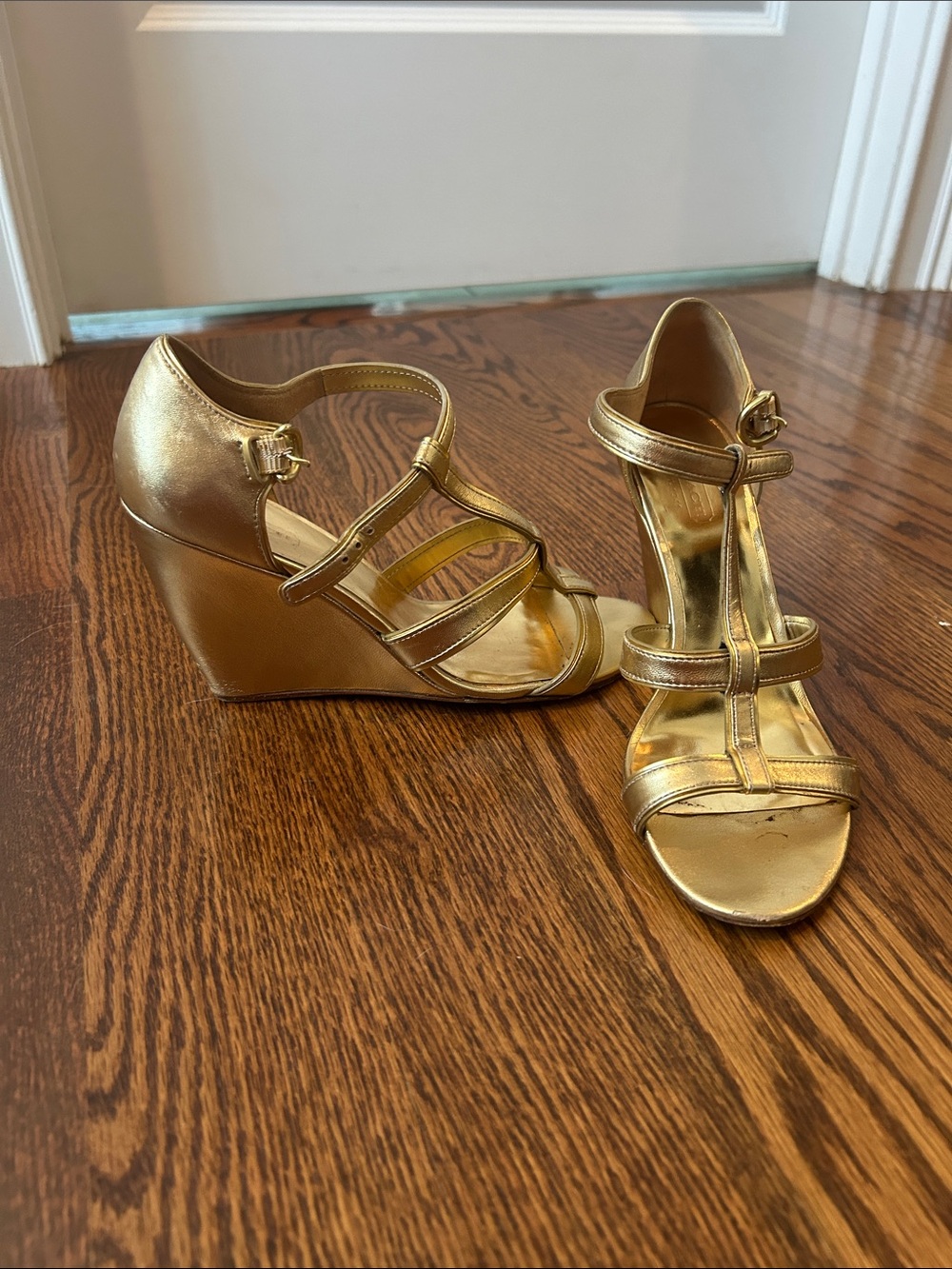 Coach Gold Metallic Strappy Wedge Sandals